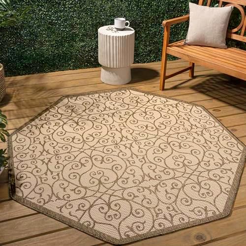 JONATHAN Y Vintage Filigree Indoor Outdoor Octagon Area Rug 5 Ft Beige/Brown, Madrid Textured Weave for Backyard, Patio, Porch, Easy-Cleaning, High Traffic, Pet-Friendly, Non-Shedding (SMB107B-5TGN) - Image 3