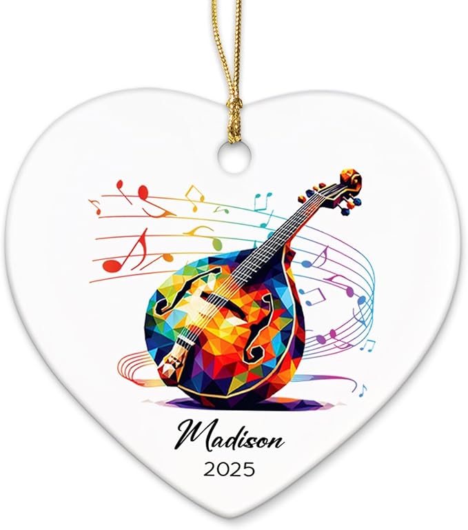 Personalized Name & Year Mandolin Ceramic Ornament Gifts for Music Lovers, Mandolin Player Xmas Tree Ornaments, Custom Mandolinist Ornaments 2025, Instrument Ceramic Ornament Decor Christmas Hanging