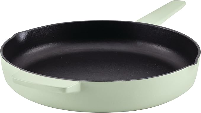KitchenAid Enameled Cast Iron Frying Pan/Skillet with Helper Handle and Pour Spouts, 12 Inch, Pistachio