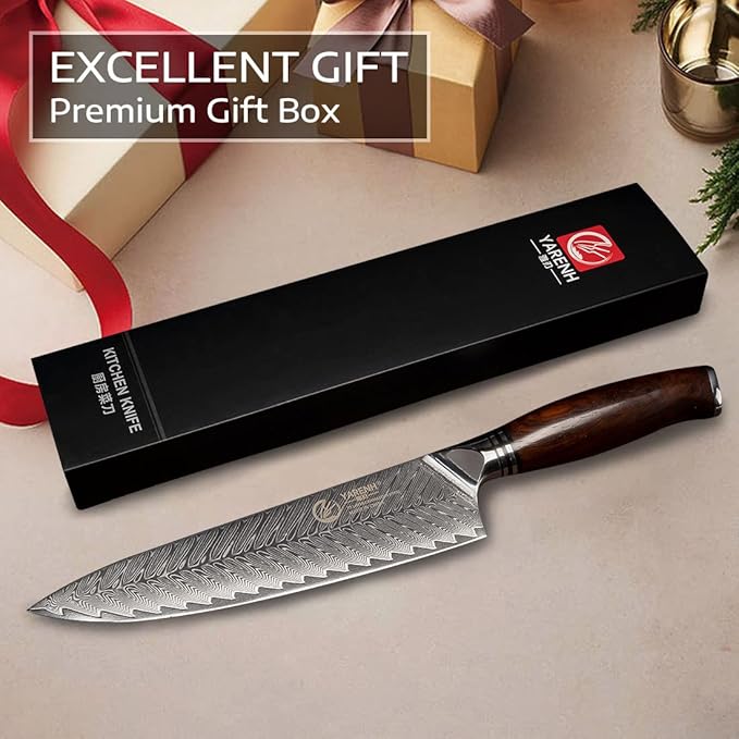 YARENH Damascus Chef Knife 8 Inch with Sheath, Professional Kitchen Knife, 73 Layers Damascus High Carbon Steel, Full Tang Sandalwood Handle, FYW Series