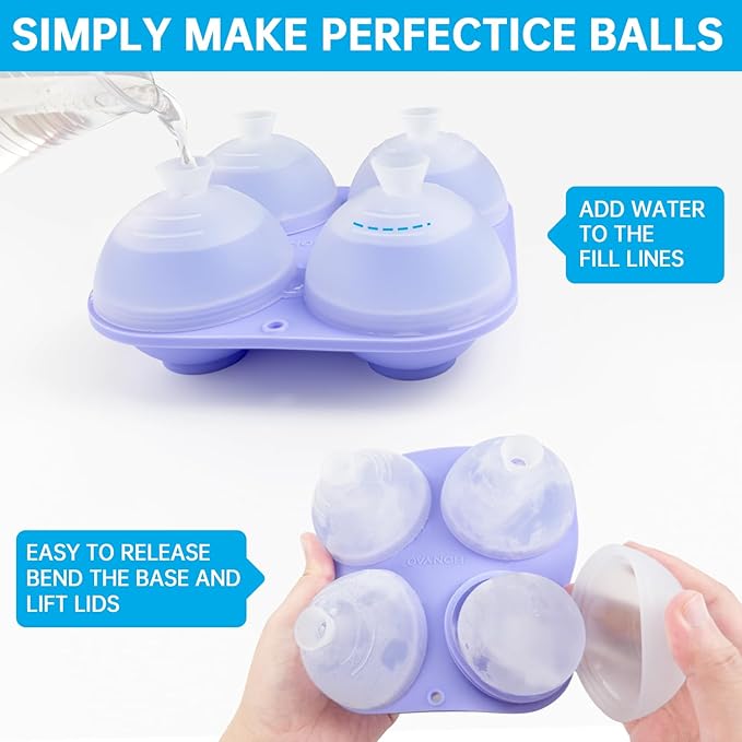HONYAO Whiskey Ice Ball Mold, 4 x 2.4 Inch Large Ice Ball Maker Mold, Food Grade Silicone Round Ice Cube Mold - BPA Free, Easy to Fill & Release Sphere Ice Cube Tray for Cocktails Bourbon Rum - Purple