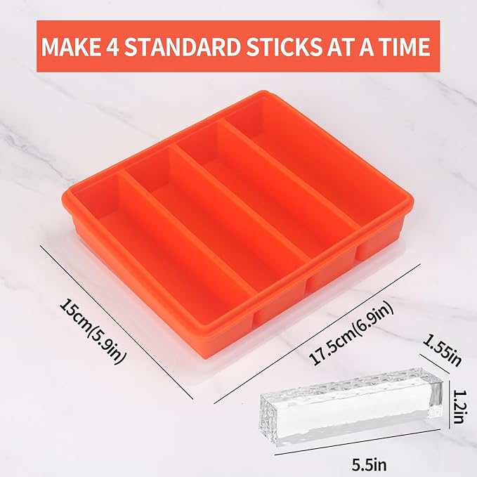 Large and Long Ice Cube Tray 4 Pack Silicone Freezing Container Sticks with Lid for Whiskey, Water Bottle, Food Leftovers and Baking (4 Pack Orange)