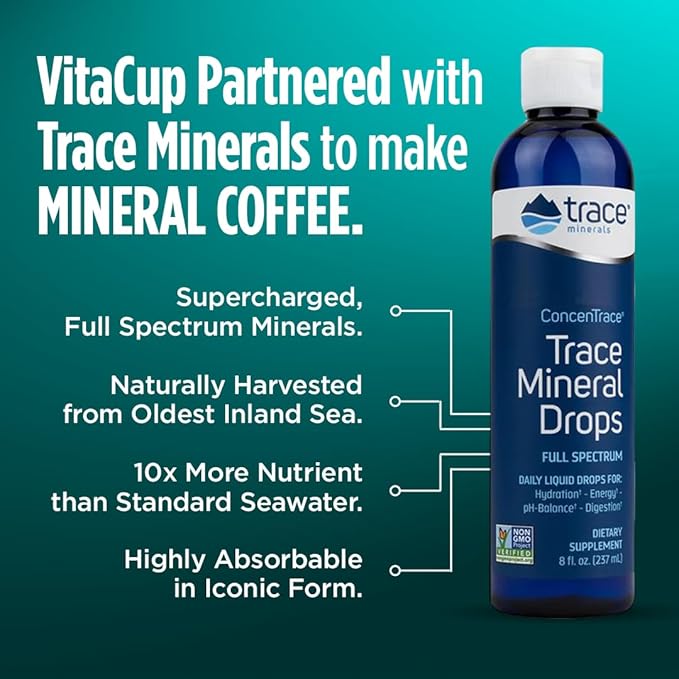 VitaCup Mineral Coffee Pods with Trace Minerals, Hydrate, Replenish & Restore, w/Sea Minerals, Electrolytes, Organic Coffee, Medium Dark Roast, Single Serve Pod Compatible w/Keurig K-Cup Brewers,16 Ct