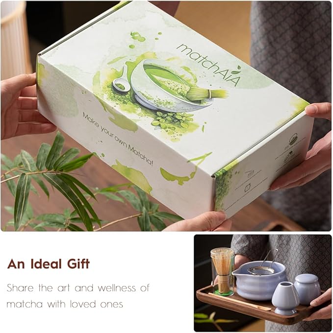 Matcha Whisk Set - Ceramic Bowl, Bamboo Whisk with Holder, Storage Canister, Sifter, Schima Spoon with Rest, Tea Towel - 8 Pcs Complete Kit for Traditional Matcha and Modern Lattes (Purple)
