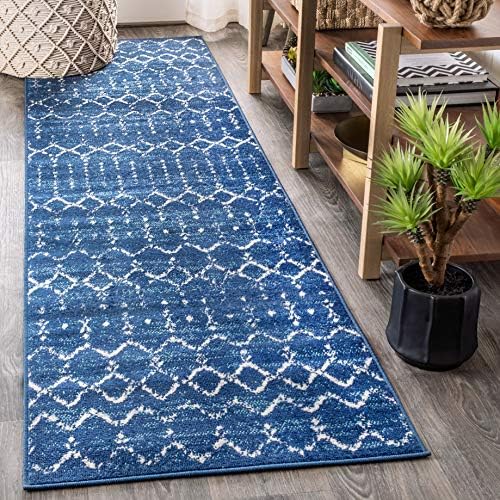 JONATHAN Y Boho Vintage Diamond Blue/White Runner Rug 2X8 ft, Moroccan Hype for Living Room, Bedroom, Kitchen, Office, Easy-Cleaning, High Traffic, Pet-Friendly, Non-Shedding (MOH101A-28) by JONATHANY