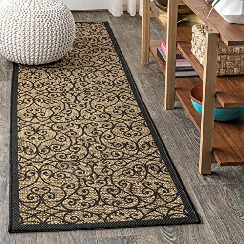 JONATHAN Y Vintage Filigree Indoor Outdoor Runner Rug 2X14 Black/Khaki, Madrid Textured Weave for Backyard, Patio, Porch, Easy-Cleaning, High Traffic, Pet-Friendly, Non-Shedding (SMB107A-214) by JONATHANY