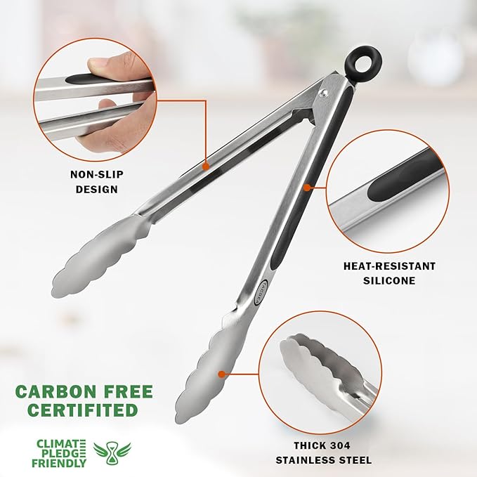 TACGEA Stainless Steel Kitchen Tongs, Silicone Non-slip Grip, Locking Grilling Food Tongs Set of 2, 9-inch & 12-inch