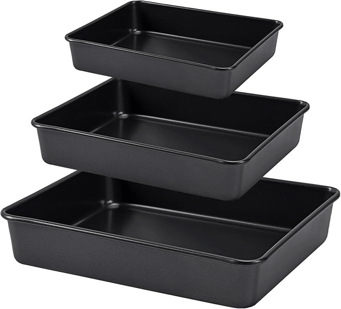 Nonstick Roasting Pan, Deep Baking Pan Set, Large Cake Pan Sets for Oven, 3-Piece Brownie Pan （Black）