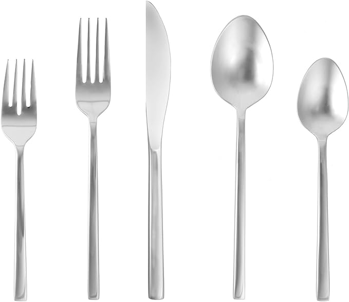 FORTESSA Arezzo 18/10 Stainless Steel Flatware, 20 Piece Place Setting With Table Knives, Forks and Spoons (Service For 4), Dishwasher Safe, Brushed