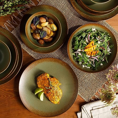 Bloomhouse - Two Time Oprah's Favorite Things Winner - Palermo Sun Double Bowl Stoneware Reactive Glaze Plates and Bowls Dinnerware Set - Cardamom Green, Service for Four (16pcs) - Image 4