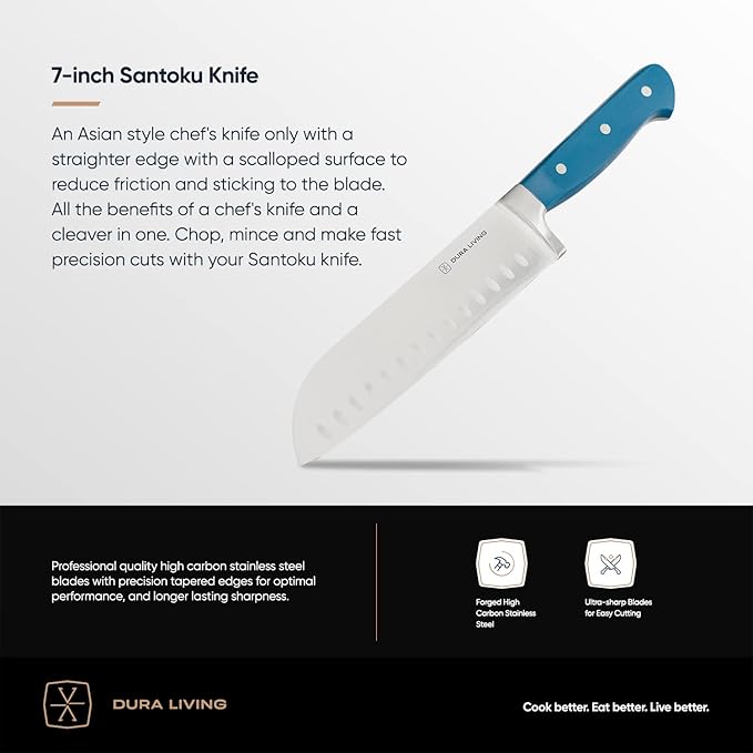 DURA LIVING Chef's Knife Set, 4 Piece Cutlery Knife Set, Superior Forged High Carbon Stainless Steel Ultra Sharp 8 Inch Chef, 7 Inch Santoku, 5 Inch Utility, 3.5 Inch Paring Knives, Royal Blue