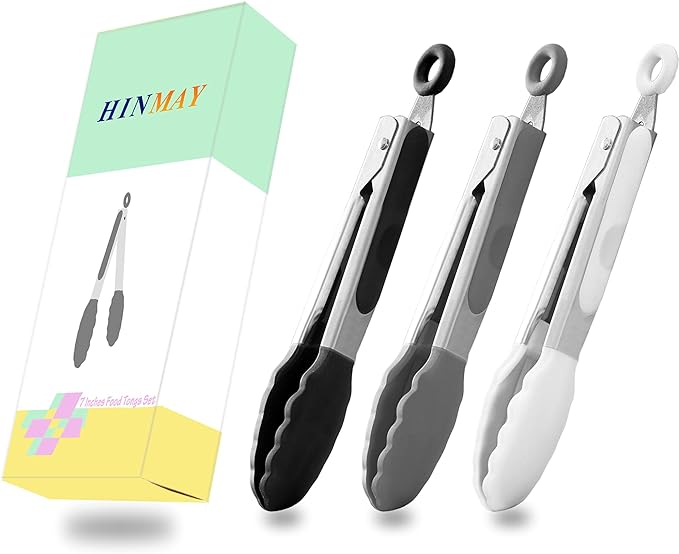 Small Silicone Tongs 7-Inch Mini Serving Tongs, Set of 3 (Black Gray White)