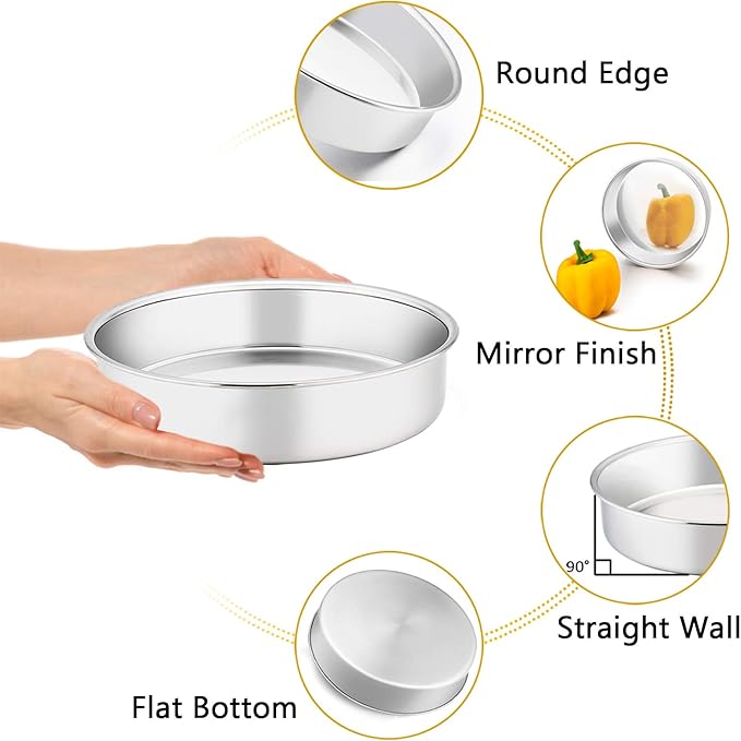 TeamFar 9½ Inch Cake Pan, 3 Pcs Round Tier Cake Pans Set Stainless Steel for Baking Steaming Serving, Perfect for Birthday Wedding Celebrations, Healthy & Sturdy, Mirror Finish & Dishwasher Safe