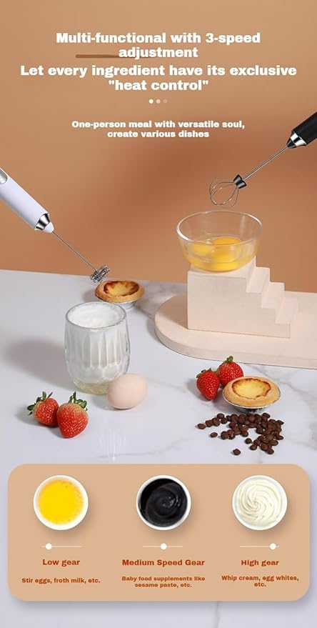 3-Speed USB Rechargeable Handheld Electric Milk Frother, Cordless Mini Whisk for Coffee, Egg Beater for Baking, Baby Food Blender with One-Touch Operation, Stable Stirring No Splash
