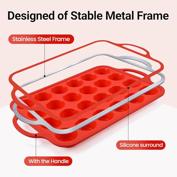 CAKETIME Silicone Mini Muffin Pan, Metal Reinforced Frame 24 Cups Mini Muffin Tin with Handles BPA Free Muffin Silicone Molds for Baking Muffins, Cupcakes, Egg Bites 2 Pack, Red