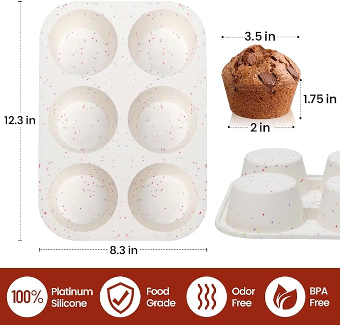 CAKETIME Jumbo Muffin Pan, 3.5 Inch Large Muffin Pan 6 Cup Silicone Jumbo Muffin Tin for Baking Giant Homemade Muffins, Cupcakes, Frittatas Non Stick 1 Pack Confetti
