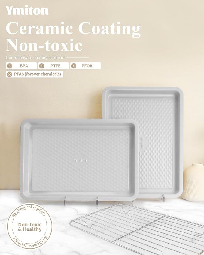 Nonstick Ceramic Baking Sheet with Rack, 2-Pack 13x9 Quarter Sheet Pan, Non-Toxic, PTFE & PFOA Free, Warp-Free, Oven Safe 550°F, Dishwasher Safe, Aluminized Steel, Gray Yellow