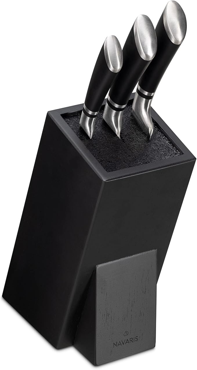 Navaris Universal Knife Block Holder - Rubber Wood Stand with Bristles to Fit Different Sizes of Knives - Angled Design, 9.8" x 5.9" x 4.1’" - Black