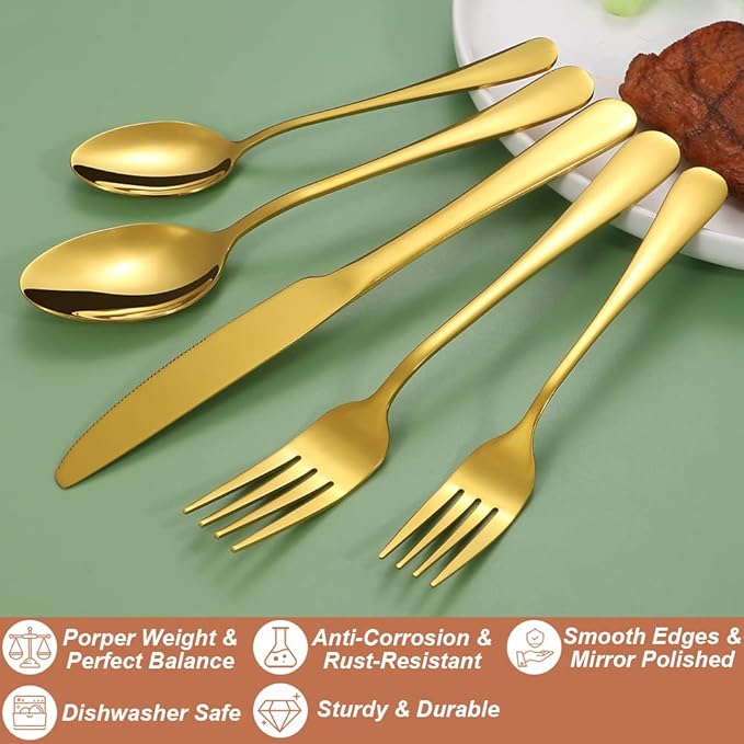 Lazycorner 30 Pcs Gold Silverware Set for 6, Food Grade Stainless Steel Flatware Set Include Fork/Knife/Spoon, Mirror Polished Eating Utensils Sets, Reusable Silverwear Cutlery Set, Dishwasher Safe