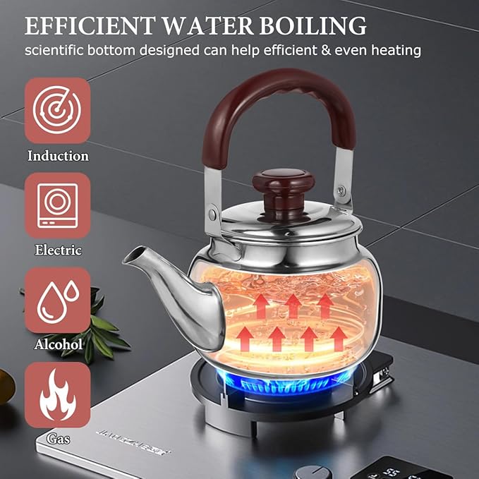 LIFKOME Traditional Stainless Steel Heavy Duty Tea Kettle With Sandwich Bottom and Specialty Cool Touch Handling Mirror Finish Stainless Steel Whistling Tea Kettle Stove Top