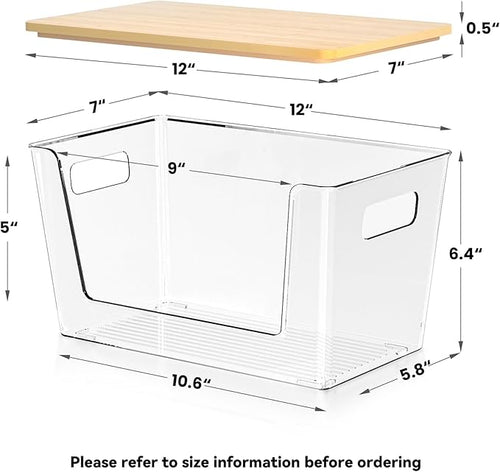4 Pack Clear Stackable Potato & Onion Storage Bins - Trash Bag Holder Dispenser Under Sink Organizer for Pantry, Kitchen Countertop - Trash Bag Dispenser with Bamboo Lid for 4-13 Gal Bags
