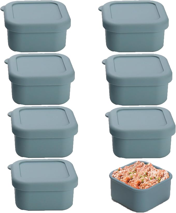 1/2 Cup Silicone Freezer Tray With Lid - Silicone Freezer Molds 8-Pack For meal prep & freezing of various sauces and other dishes, makes 8 perfect 1/2 cup portions cubes (Blue 8 Pack)