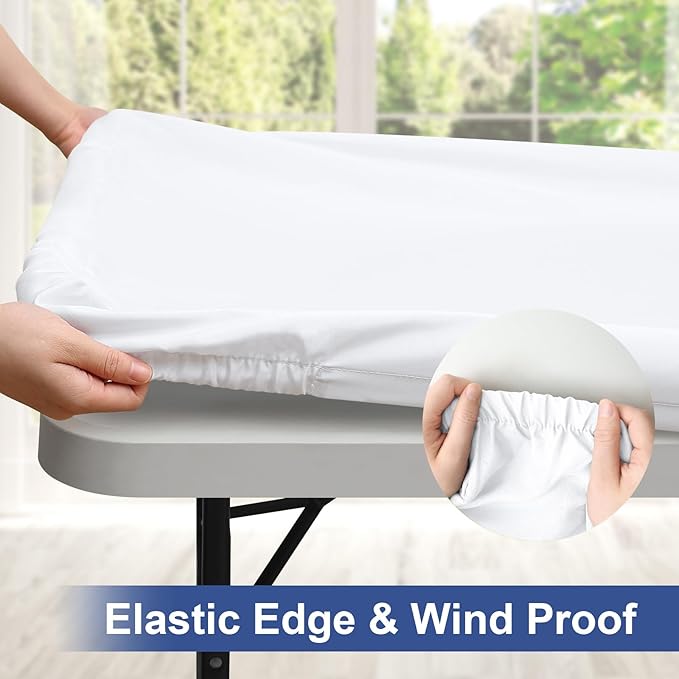 homing Rectangle Table Cloth Cover, Waterproof Polyester Elastic Fitted Tablecloth, Fits for 6 Foot Folding Tables, Washable Table Protector for Picnic, Camping, Outdoor (White, 36" x 72")