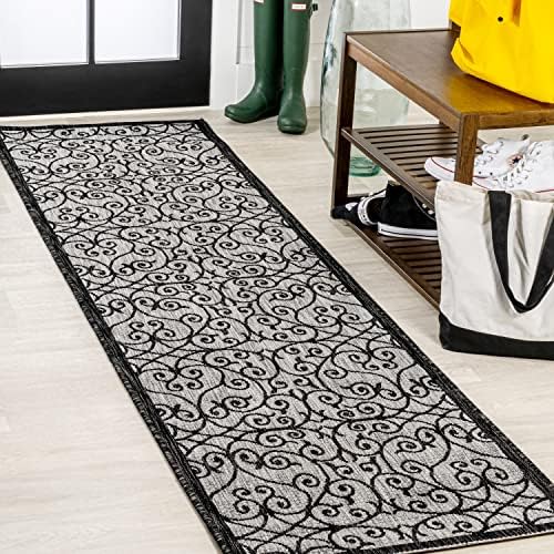 JONATHAN Y Vintage Filigree Indoor Outdoor Runner Rug 2X8 Light Gray/Black, Madrid Textured Weave for Backyard, Patio, Porch, Easy-Cleaning, High Traffic, Pet-Friendly, Non-Shedding (SMB107E-28) by JONATHANY