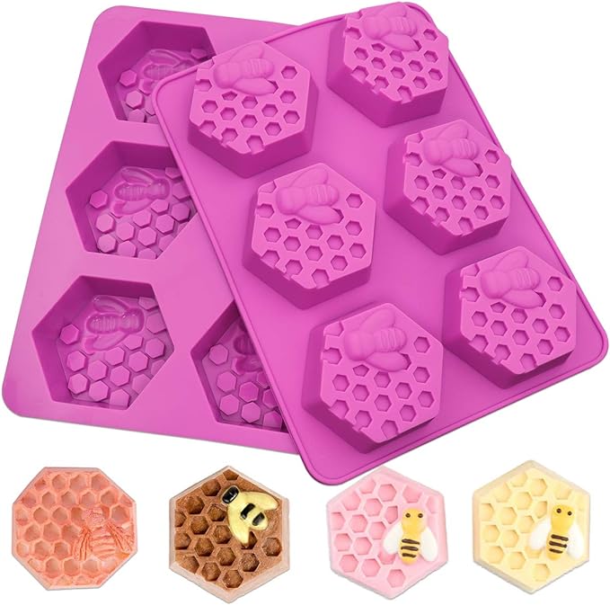 Sakolla 2 Pack Honeycomb Silicone Soap Molds, 6 Cavity Hexagon Bee Silicone Molds for Soap, Lotion Bars, Wax Melts, Beeswax (Purple)