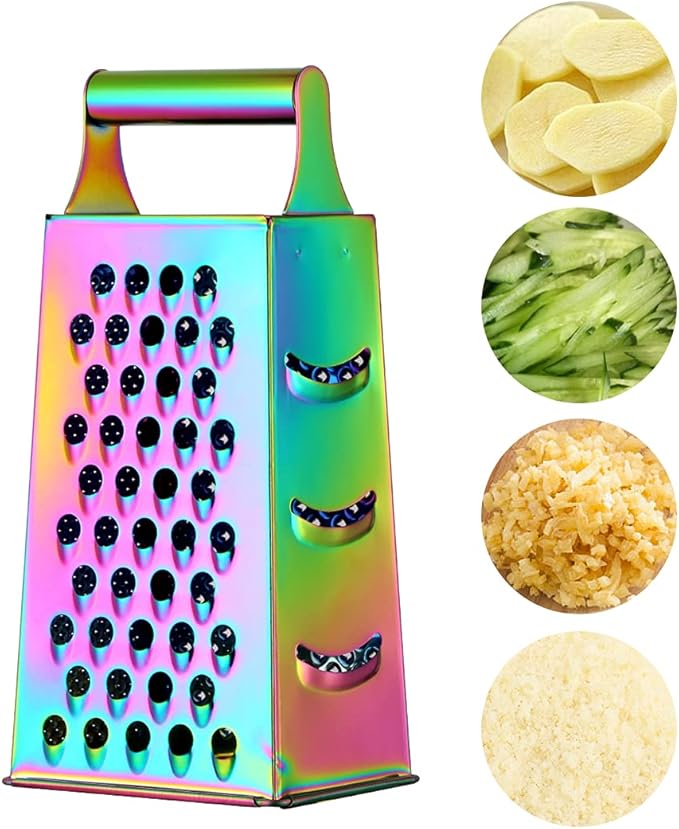4 Sides Box Grater For Kitchen,Stainless Steel Cheese Grater With Handle,Multi-Function Vegetable Slicer Food Shredder For Chees,Ginger,Vegetables,Rainbow