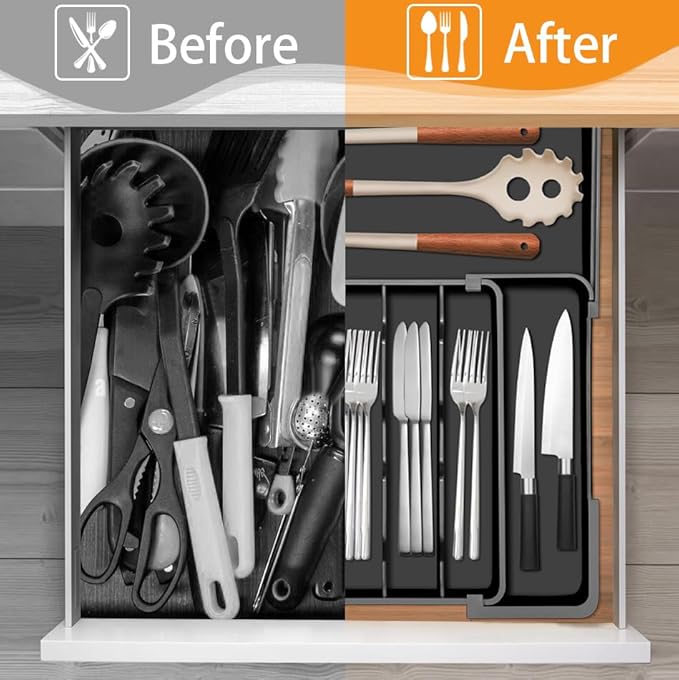 Homecor Silverware Organizer Expandable Kitchen Drawer Organizer with 7 Slots, BPA Free Cutlery Utensil Drawer Organizer, Kitchen Utensil Storage Tray for Forks Knives Spoons, Anti-Slip, Black