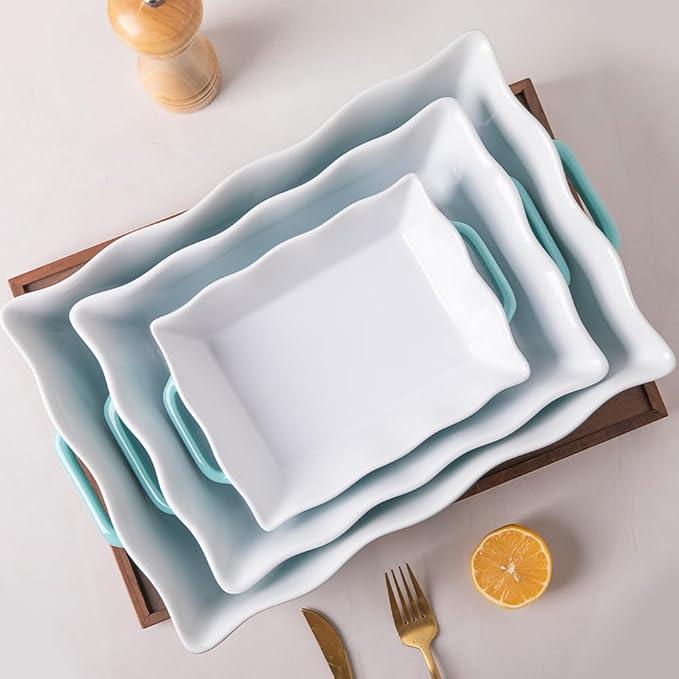 Sweejar Casserole Dishes for Oven, Ceramic Bakeware Set of 3, Rectangular Baking dish with Handles, Wave Edge Lasagna Pan Deep for Cooking, Cake, Dinner, Banquet and Daily Use (White)