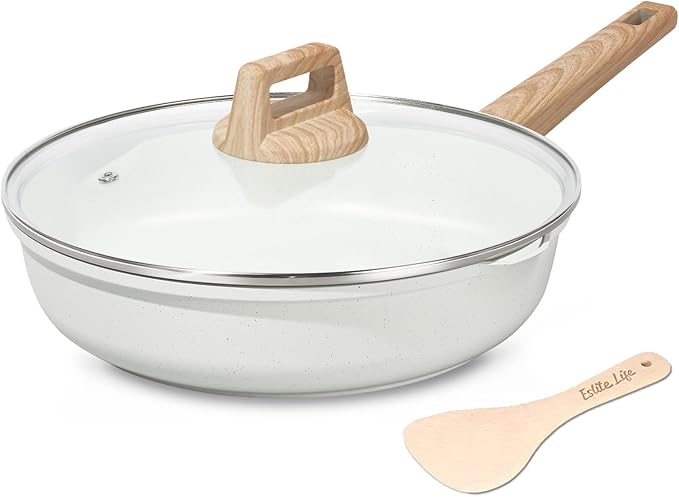 ESLITE LIFE Nonstick Ceramic Frying Pan Skillet with Lid, Non-Toxic Egg Omelette Kitchen Cooking Pans Compatible with All Stovetops (Gas, Electric & Induction), PTFE & PFOA Free (White, 8" w/Lid)