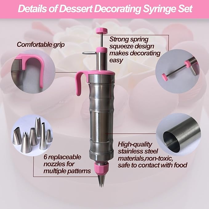 Dessert Decorating Piping Syringe Set Cake Decorating Tool Cookie Gun Press,Icing Decoration Gun,Frosting Piping Kit 6 Piping Icing Nozzles for Baking,Decorating Cupcake,Deviled Eggs (Silver & Pink)