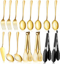Gold Serving Utensils Set for Partie, Stainless Steel Metal Large Serving Spoons, Slotted Spoons, Forks, Tongs, Soup Spoons, Skimmer Spoon, Cake Server for Buffet, Catering, Entertaining 15pcs