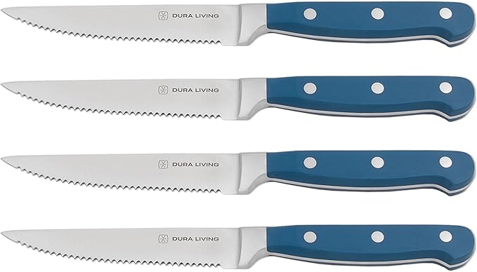 DURA LIVING Premium 8-Piece Steak Knife Set – Sharp Serrated Blades, Forged High Carbon Stainless Steel, Full Tang, Ergonomic Handle, Royal Blue – Ideal for Dining & Entertaining