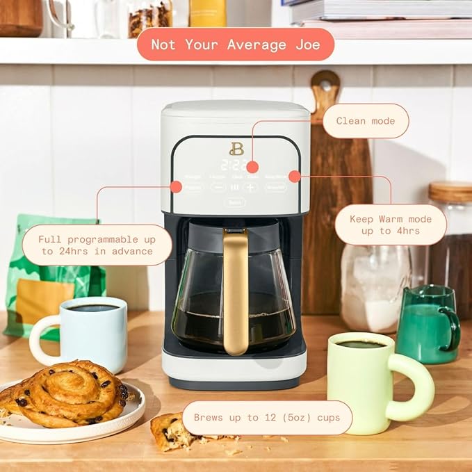 Beautiful 12-Cup Programmable Coffee Maker – Auto Brew, Digital Timer, Glass Carafe (White Icing)