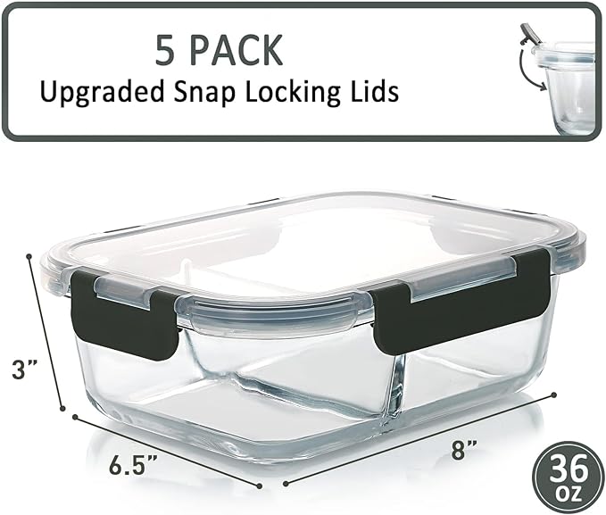 [5-Pack,36 Oz]Glass Meal Prep Containers 2 Compartments Portion Control with Upgraded Snap Locking Lids Glass Food Storage Containers, Microwave, Oven, Freezer and Dishwasher (4.5 Cups)