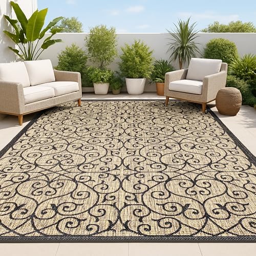 JONATHAN Y Vintage Filigree Indoor Outdoor Area Rug 10X14 Black/Khaki, Madrid Textured Weave for Backyard, Patio, Porch, Easy-Cleaning, High Traffic, Pet-Friendly, Non-Shedding (SMB107A-14) by JONATHANY