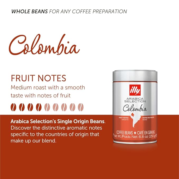 Illy Whole Bean Coffee, Colombia Medium Roast - Notes of Citrus and Red Fruits - 100% Arabica - Whole Beans - Pressurized Packaging Sealed for Freshness – 8.8oz Can (Pack of 6)