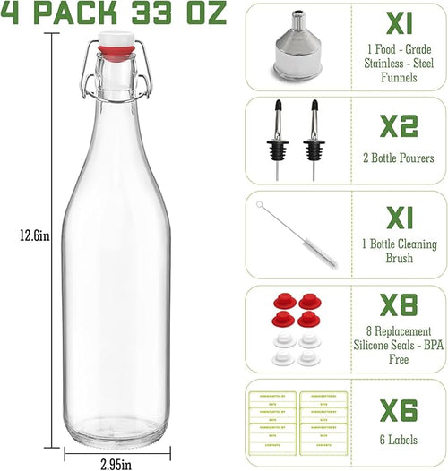4 Pack [1 Liter / 33 fl. oz.] Swing Top Glass Bottles – Airtight Flip Top Brewing Bottles for Kombucha, Beer, Wine, Kefir, Soda, Liquor – Includes Funnel, 2 Pourers, 6 Seals, 8 Labels & Jute Twine