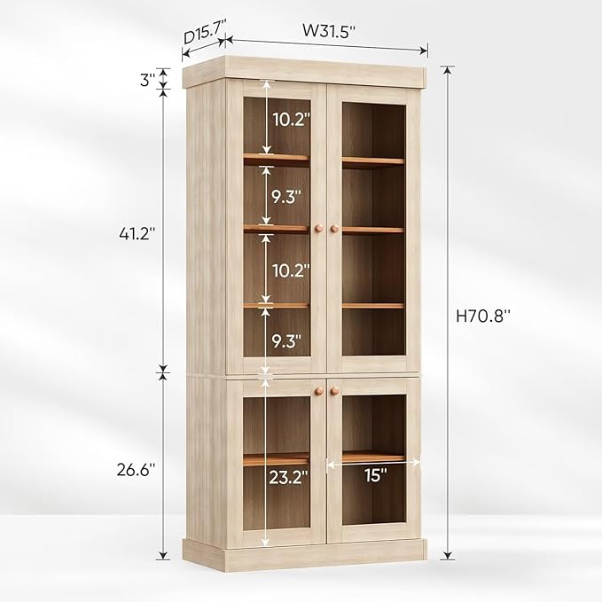 70.8" Tall Brown Bookshelf with Glass Doors, Farmhouse Modular Bookcase with 6-Tier Adjustable Shelves, Large Storage Cabinet for Home Office, Living Room, Set of 3