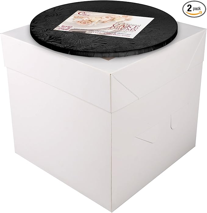 Cakebon Cake Boxes with Boards - 8 Inch Round Cake Drum Black - Box With Window for Birthdays, Weddings and Parties (1pc Each, 2pcs Total)
