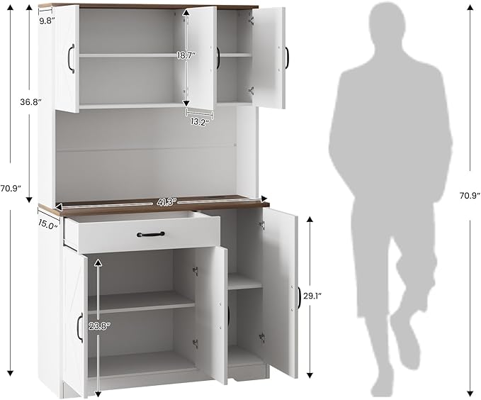 71" Kitchen Pantry Cabinet with Charging Station, Buffet Sideboard for Coffee Maker & Toaster, Storage Cabinet for Snacks, Spices & Wine, Fits Kitchen, Dining Room & Coffee Bar，White