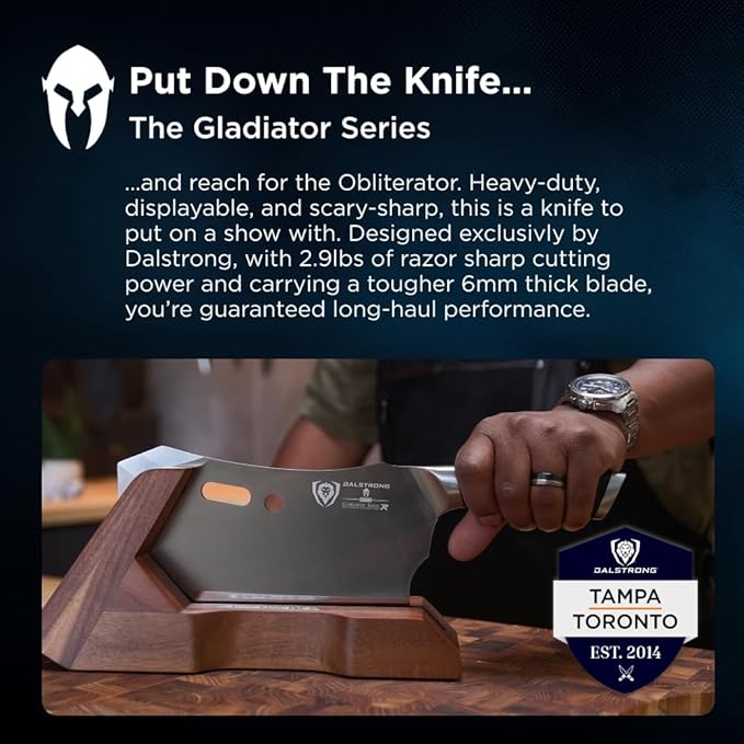 Dalstrong Obliterator Meat & Veggie Cleaver Knife - 9 inch - Gladiator Series R - Wood Stand & Sheath Cover - Razor Sharp Heavy Duty Bone Chopper- 3lbs 6mm Thick - 7CR17MOV Carbon Steel - G10 Handle