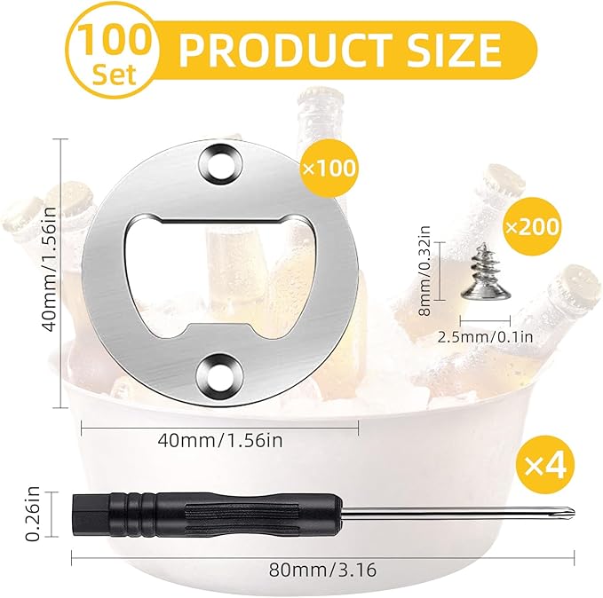 100 Set DIY Bottle Opener Hardware - Stainless Steel Metal Bottle Opener Insert Kits (Silver, 100 Set)