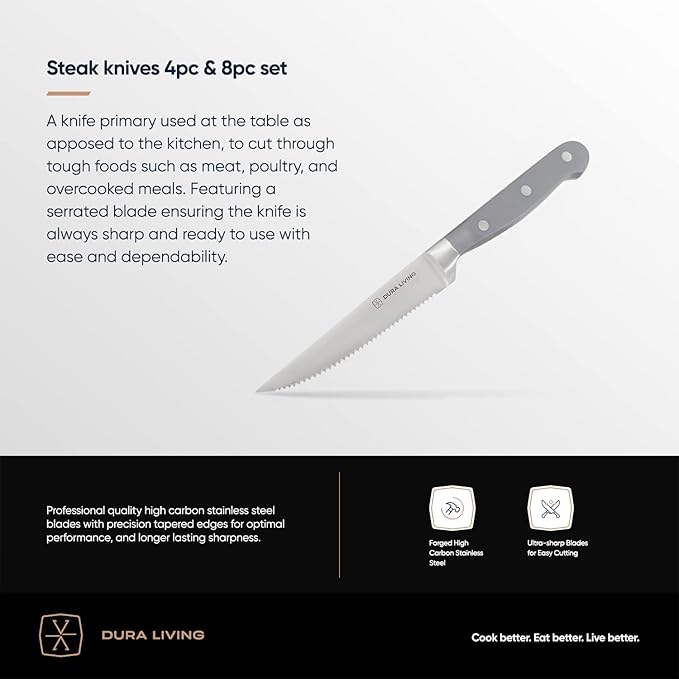DURA LIVING Premium 4-Piece Steak Knife Set – Sharp Serrated Blades, Forged High Carbon Stainless Steel, Full Tang, Ergonomic Handle, Elegant Gray Finish – Ideal for Dining & Entertaining