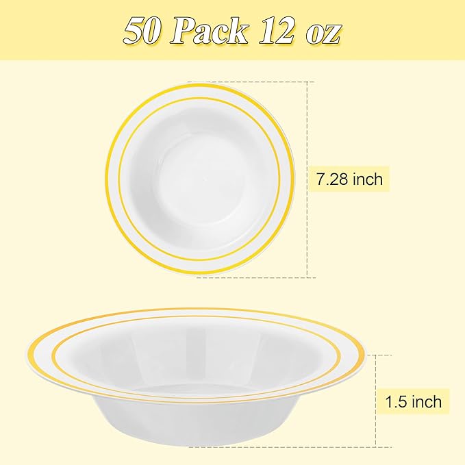 200 Pack Disposable Soup Bowls with Gold Rim, 12oz Premium Heavy Duty Plastic Dinner Bowls for Party, Wedding and Holiday