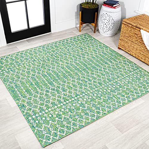 JONATHAN Y Moroccan Geometric Indoor Outdoor Square Area Rug 5X5 Green/Cream, Ourika Textured Weave for Backyard, Patio, Porch, Easy-Cleaning, High Traffic, Pet-Friendly, Non-Shedding (SMB108L-5SQ) by JONATHANY