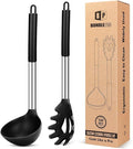 Silicone Pasta Fork and Ladle Spoon Set, Large Non Stick Kitchen Utensils for Cooking,Stirring,Serving Spaghetti, Soup, Sauce (BLACK)